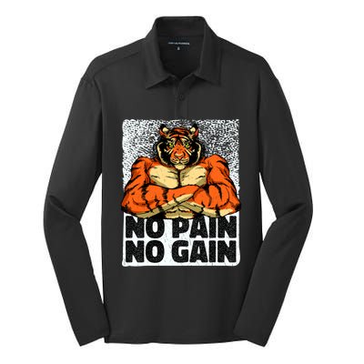 No Pain No Gain Tiger Gym Workout Mma Bodybuilding Fitness Gift Silk Touch Performance Long Sleeve Polo