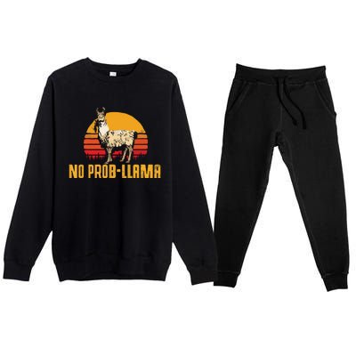 NO PROBLLAMA Retro Funny Llama Alpaca Graphic Premium Crewneck Sweatsuit Set