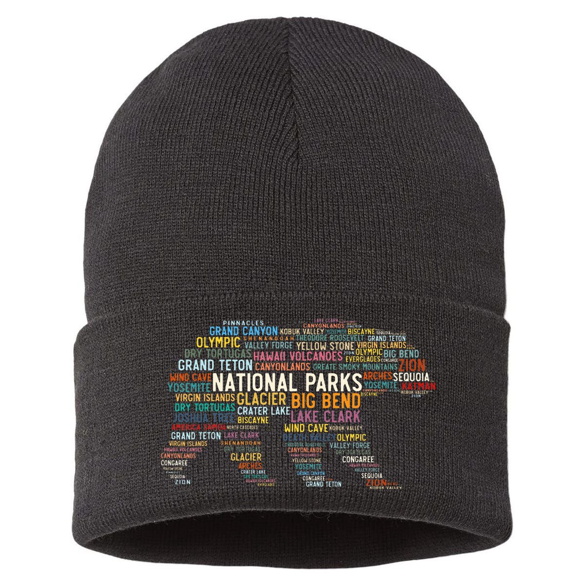 National Parks Usa List Word Cloud Bear Camping & Hiking Sustainable Knit Beanie