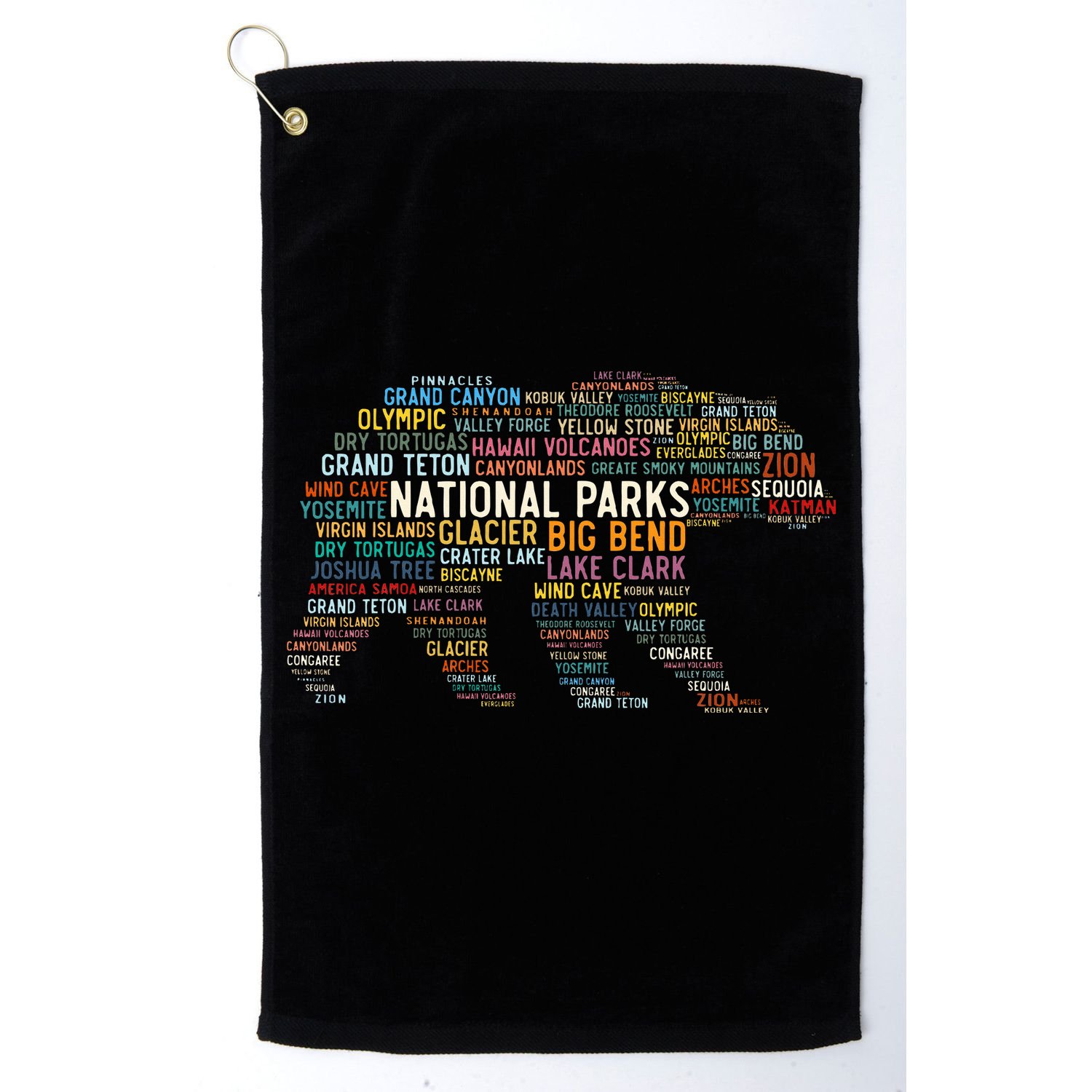 National Parks Usa List Word Cloud Bear Camping & Hiking Golf Towel