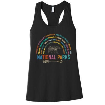 National Parks USA List Word Cloud Bear Camping Women's Racerback Tank