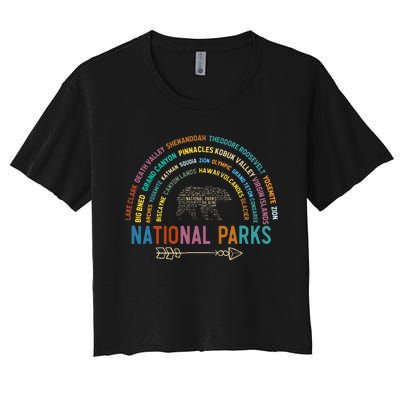 National Parks USA List Word Cloud Bear Camping Women's Crop Top Tee