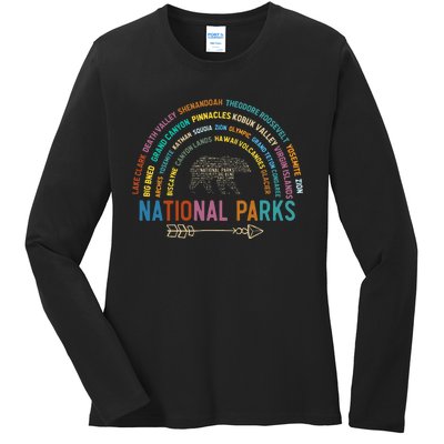 National Parks USA List Word Cloud Bear Camping Ladies Long Sleeve Shirt