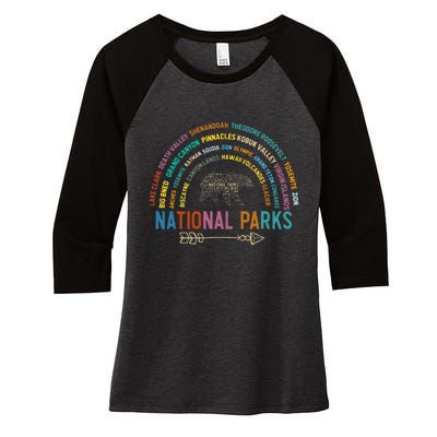 National Parks USA List Word Cloud Bear Camping Women's Tri-Blend 3/4-Sleeve Raglan Shirt