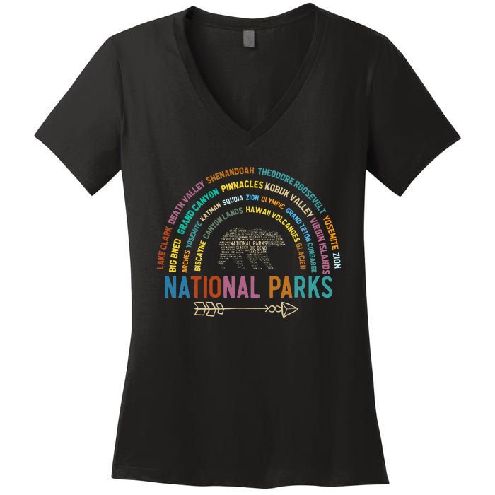 National Parks USA List Word Cloud Bear Camping Women's V-Neck T-Shirt