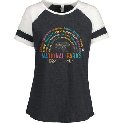 National Parks USA List Word Cloud Bear Camping Enza Ladies Jersey Colorblock Tee