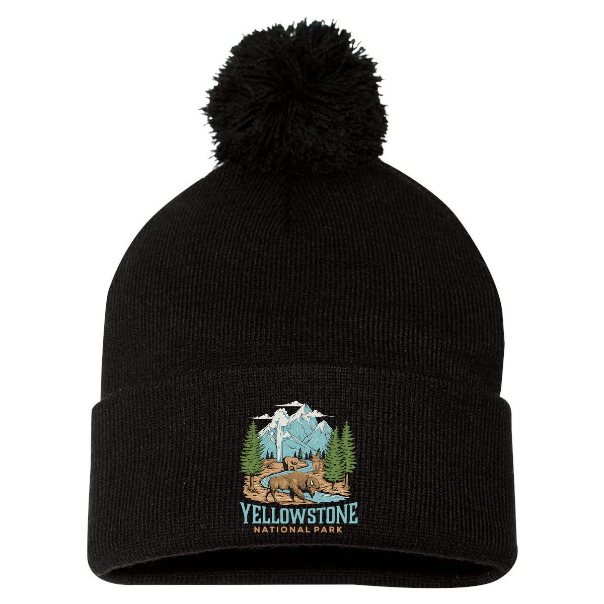 National Park Vintage Wyoming Parks Lover Adventure Outdoors Camping Travel Pom Pom 12in Knit Beanie