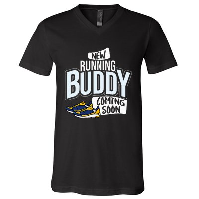 New Running Buddy Coming Soon Baby Pregnancy Announcement V-Neck T-Shirt