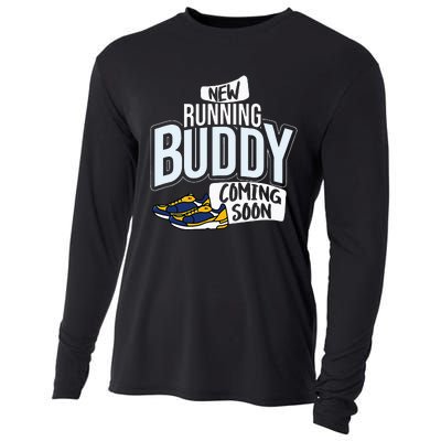 New Running Buddy Coming Soon Baby Pregnancy Announcement Cooling Performance Long Sleeve Crew