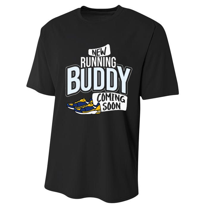 New Running Buddy Coming Soon Baby Pregnancy Announcement Performance Sprint T-Shirt