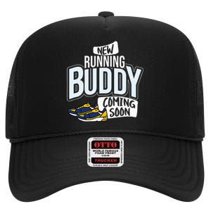 New Running Buddy Coming Soon Baby High Crown Mesh Back Trucker Hat