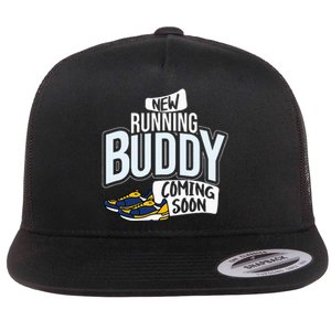 New Running Buddy Coming Soon Baby Flat Bill Trucker Hat