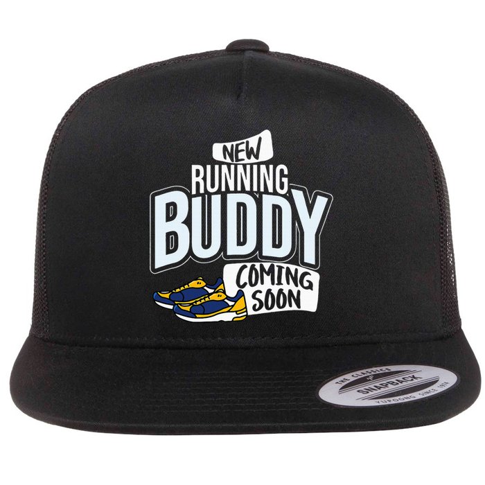 New Running Buddy Coming Soon Baby Flat Bill Trucker Hat