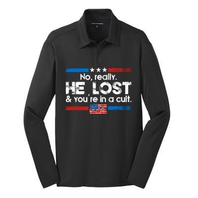 No Really He Lost & Youre In A Cult Silk Touch Performance Long Sleeve Polo