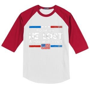 No Really He Lost & Youre In A Cult Kids Colorblock Raglan Jersey