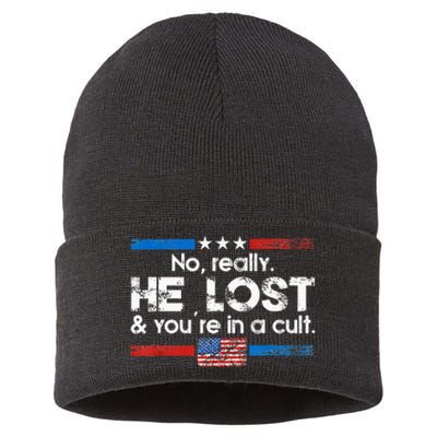 No Really He Lost And YouRe In A Cult Sustainable Knit Beanie