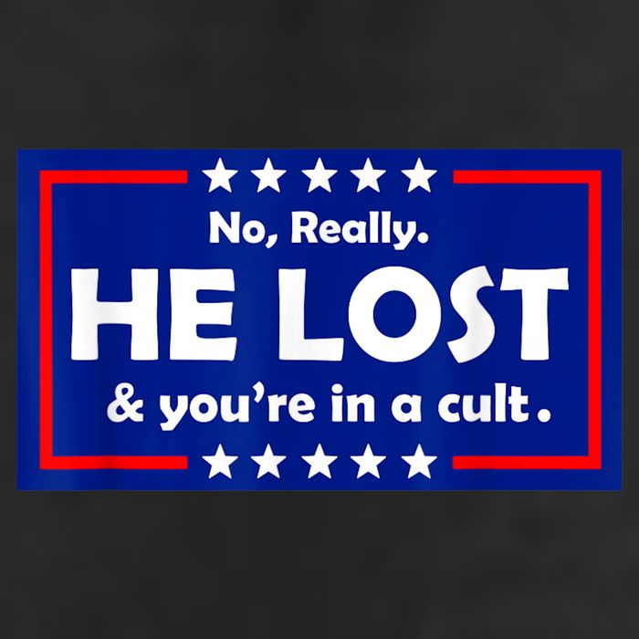 No Really He Lost & You're In A Cult 7 Panel Mesh Trucker Snapback Hat