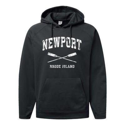 Newport Rhode Island Vintage Nautical Crossed Oars Gift Performance Fleece Hoodie