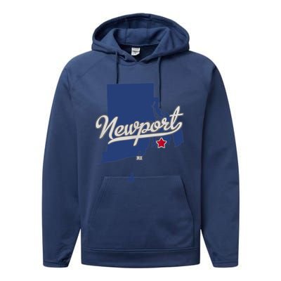 Newport Rhode Island RI Map Performance Fleece Hoodie