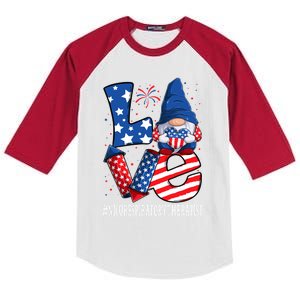 Nicu Respiratory Therapist Love 4th Of July Gnome Usa Gift Kids Colorblock Raglan Jersey