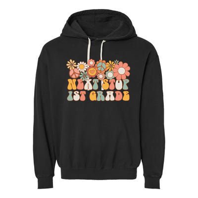 Next Stop 1st Grade Hello School Groovy Back To School Garment-Dyed Fleece Hoodie