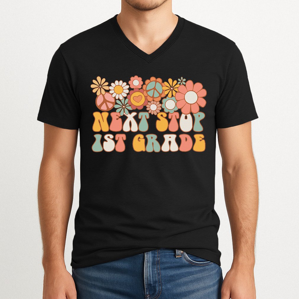 Next Stop 1st Grade Hello School Groovy Back To School V-Neck T-Shirt