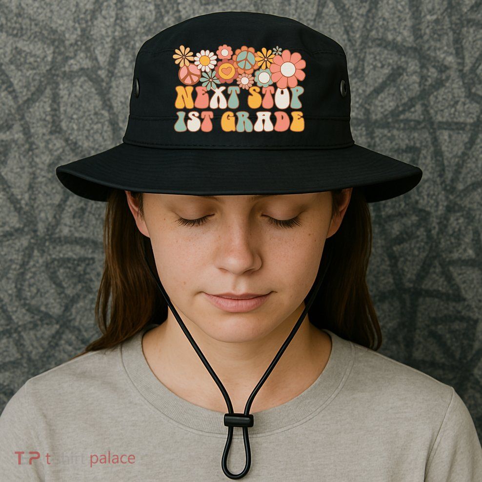 Next Stop 1st Grade Hello School Groovy Back To School Bucket Hat