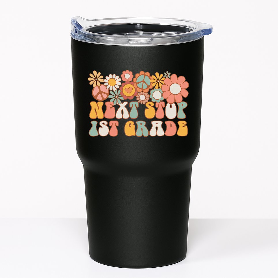 Next Stop 1st Grade Hello School Groovy Back To School Tumbler
