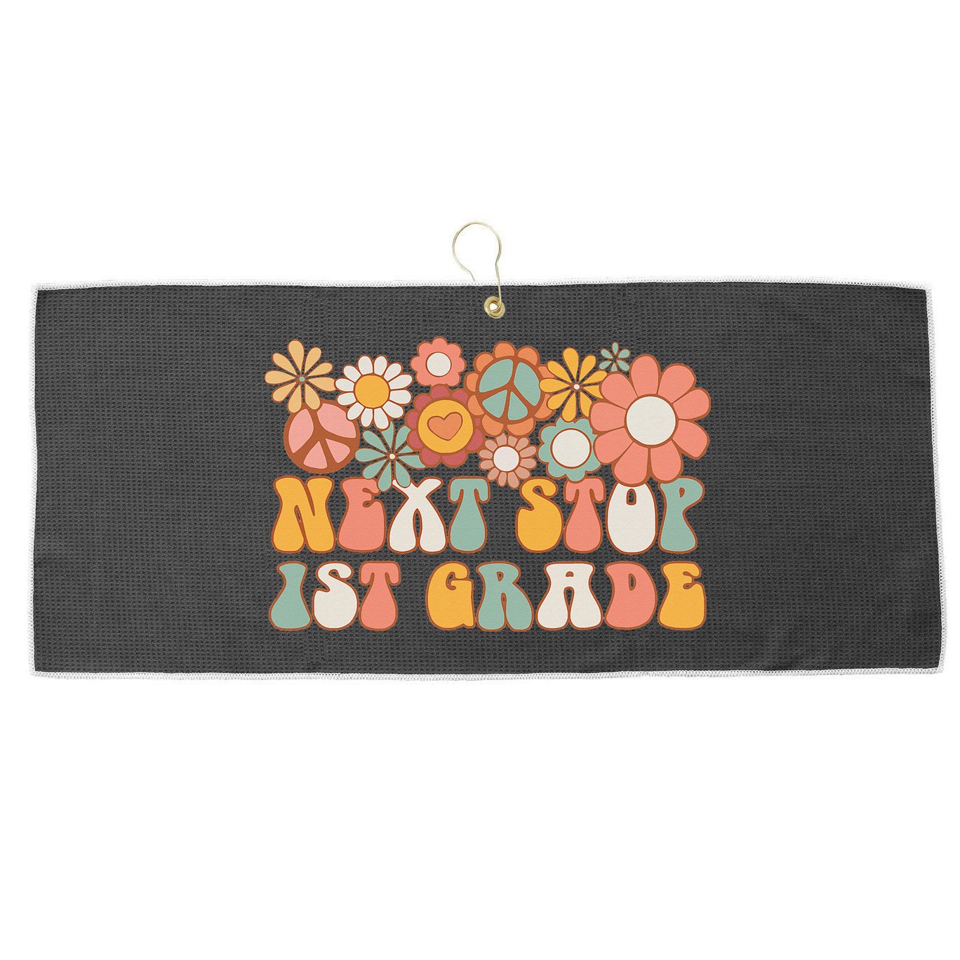 Next Stop 1st Grade Hello School Groovy Back To School Large Microfiber Waffle Golf Towel