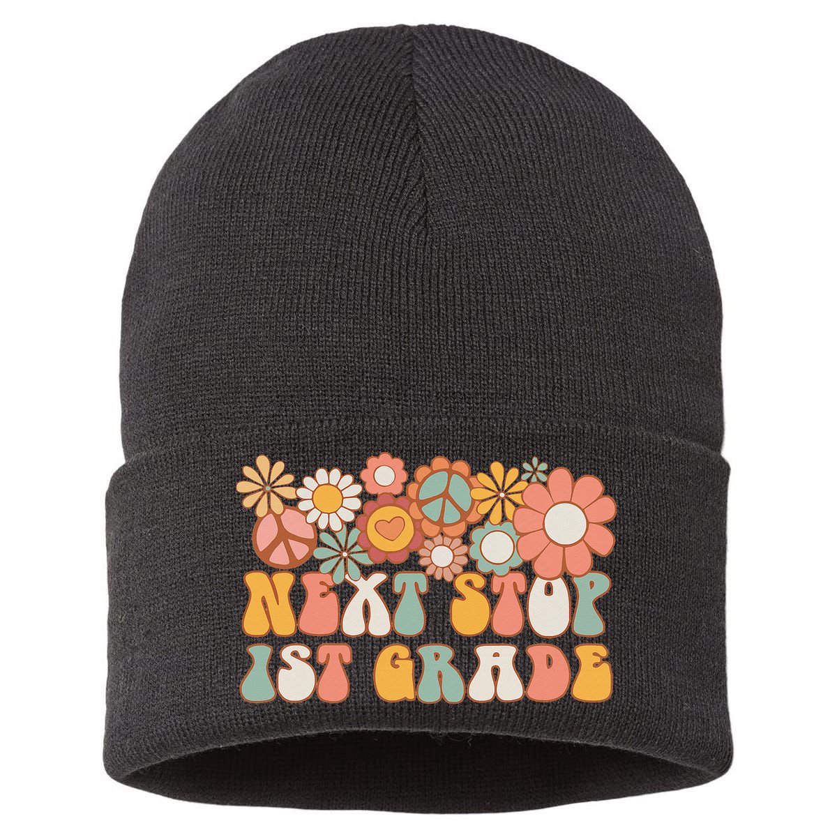 Next Stop 1st Grade Hello School Groovy Back To School Sustainable Knit Beanie