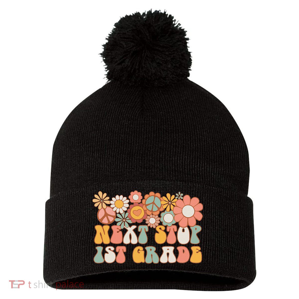 Next Stop 1st Grade Hello School Groovy Back To School Pom Pom 12in Knit Beanie