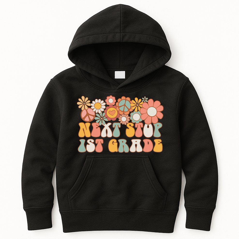 Next Stop 1st Grade Hello School Groovy Back To School Kids Hoodie