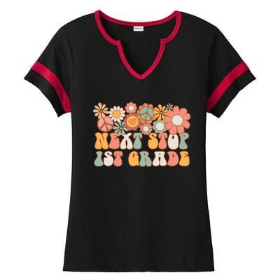 Next Stop 1st Grade Hello School Groovy Back To School Ladies Halftime Notch Neck Tee