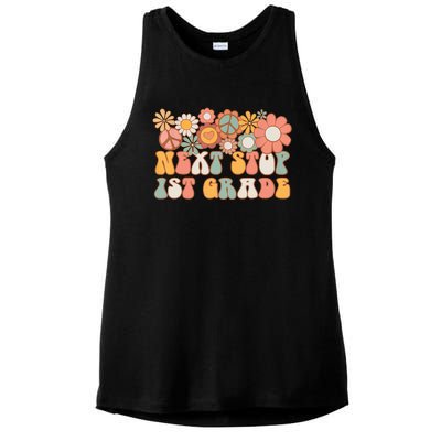 Next Stop 1st Grade Hello School Groovy Back To School Ladies PosiCharge Tri-Blend Wicking Tank