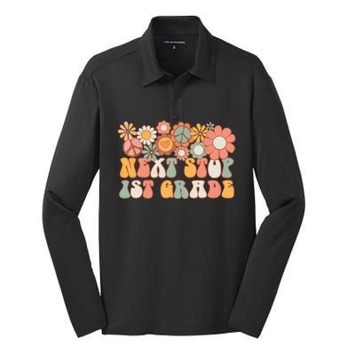 Next Stop 1st Grade Hello School Groovy Back To School Silk Touch Performance Long Sleeve Polo