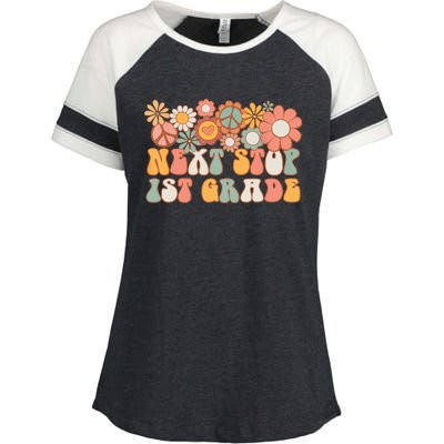 Next Stop 1st Grade Hello School Groovy Back To School Enza Ladies Jersey Colorblock Tee