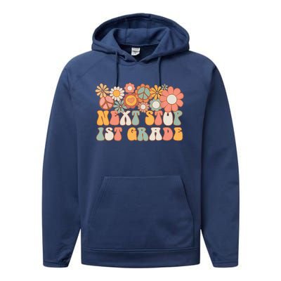 Next Stop 1st Grade Hello School Groovy Back To School Performance Fleece Hoodie