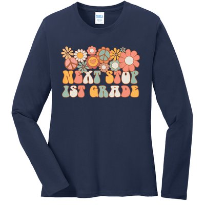 Next Stop 1st Grade Hello School Groovy Back To School Ladies Long Sleeve Shirt