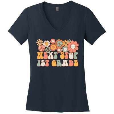 Next Stop 1st Grade Hello School Groovy Back To School Women's V-Neck T-Shirt