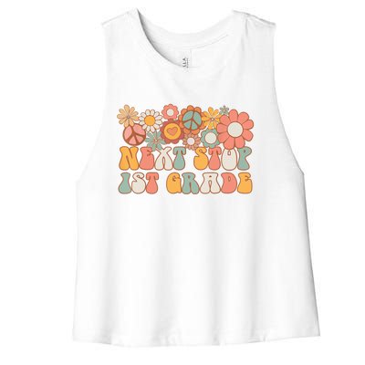 Next Stop 1st Grade Hello School Groovy Back To School Women's Racerback Cropped Tank