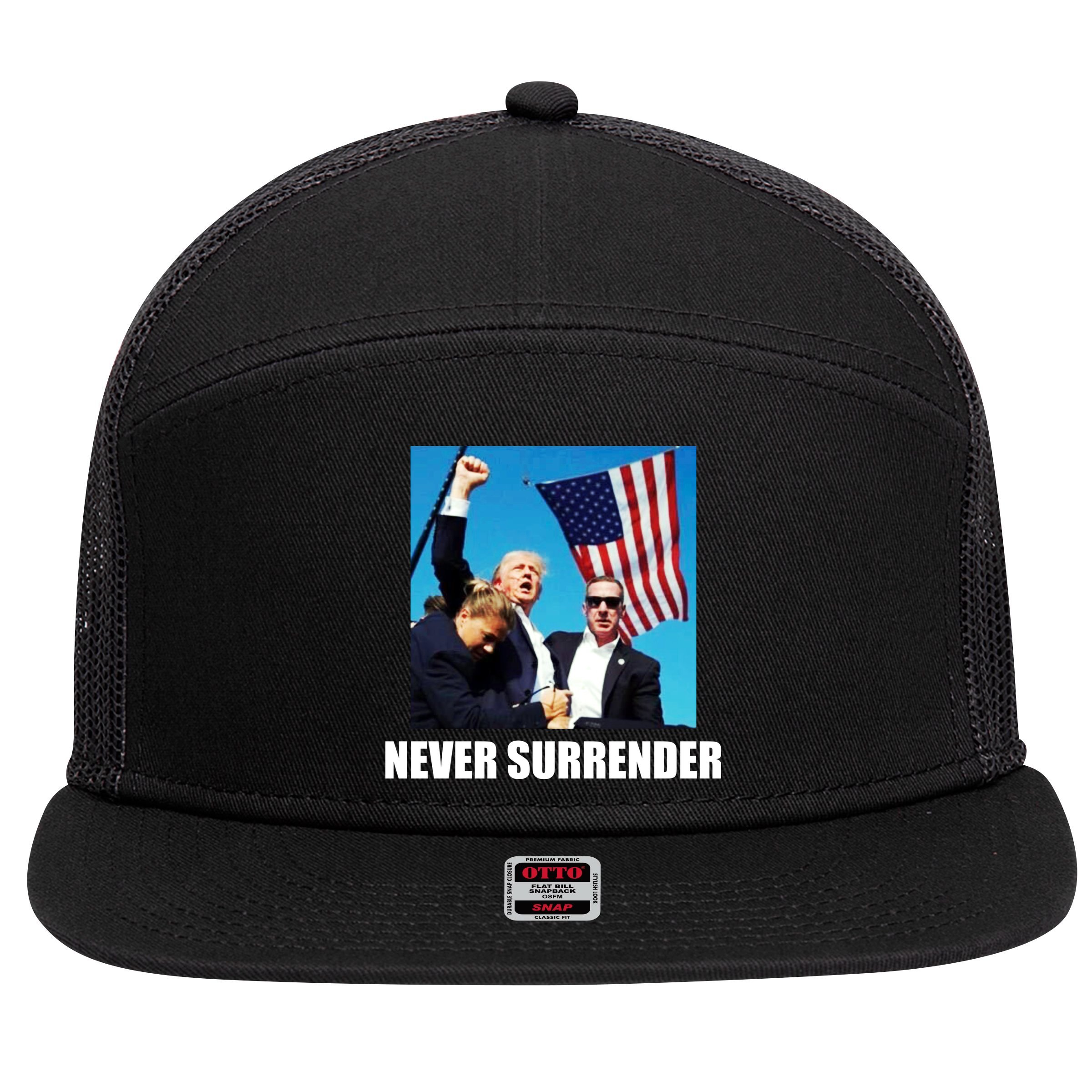 Never Surrender 2024 Take America Back Pennsylvania Rally Shooting 7 Panel Mesh Trucker Snapback Hat