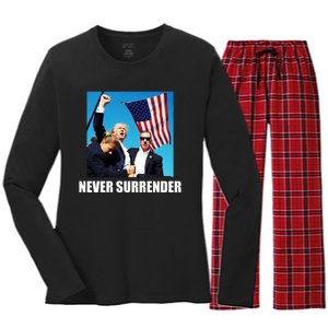 Never Surrender 2024 Take America Back Pennsylvania Rally Shooting Women's Long Sleeve Flannel Pajama Set 