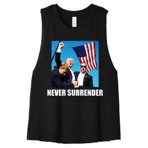 Never Surrender 2024 Take America Back Pennsylvania Rally Shooting Women's Racerback Cropped Tank