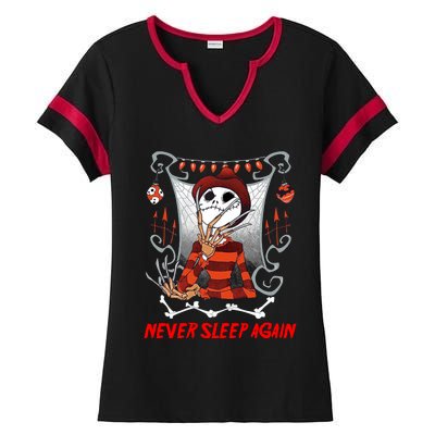 Never Sleep Again Scary Horror Nightmare Halloween Costume Ladies Halftime Notch Neck Tee