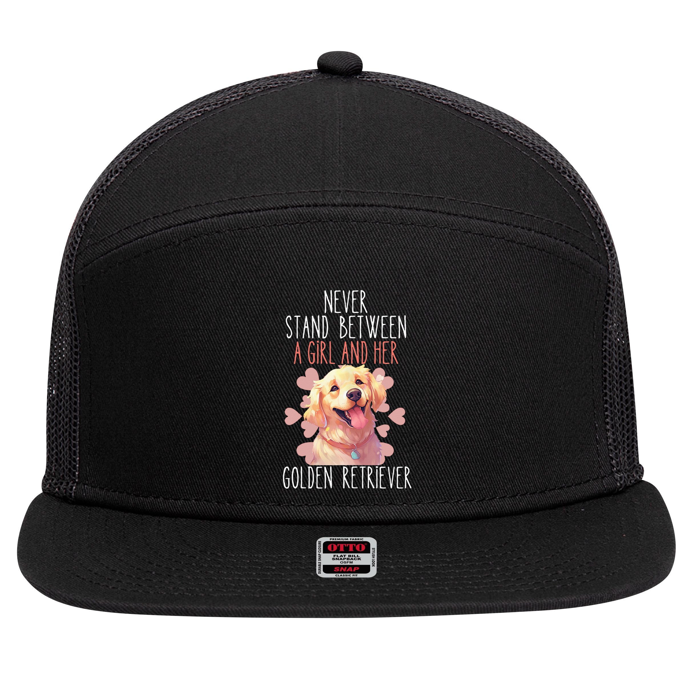 Never Stand Between A And Her Golden Retriever Dog Love 7 Panel Mesh Trucker Snapback Hat