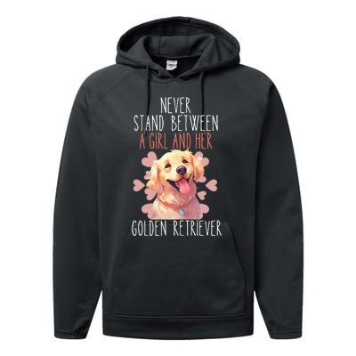 Never Stand Between A And Her Golden Retriever Dog Love Performance Fleece Hoodie