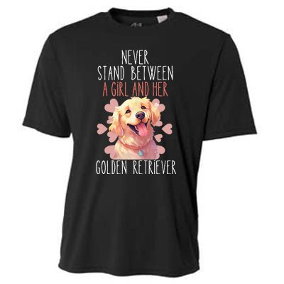 Never Stand Between A And Her Golden Retriever Dog Love Cooling Performance Crew T-Shirt