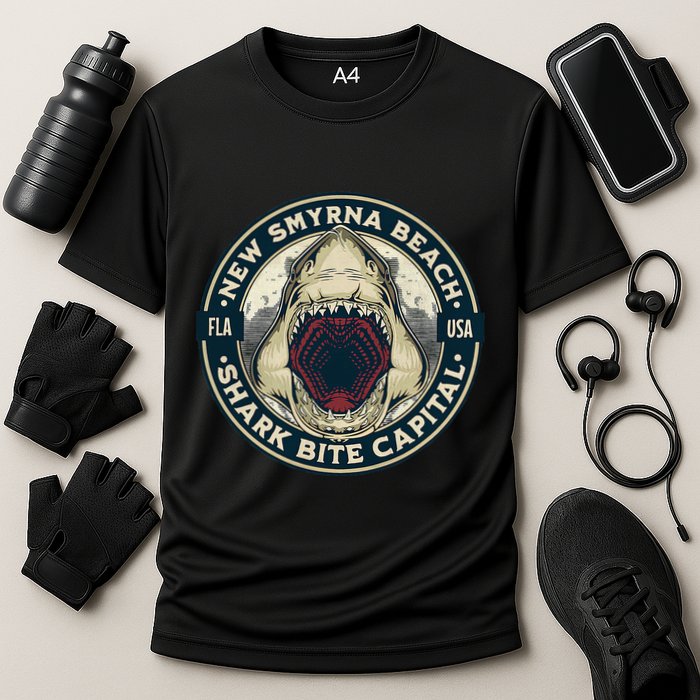 New Smyrna Beach Shark Bite Capital Of The World Graphic Cooling Performance Crew T-Shirt