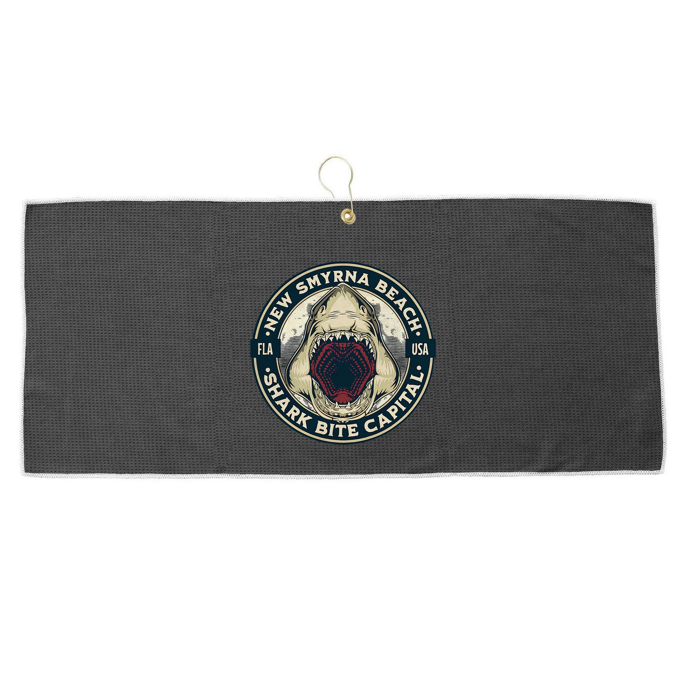 New Smyrna Beach Shark Bite Capital Of The World Graphic Large Microfiber Waffle Golf Towel