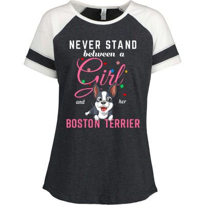 Never Stand Between A Girl And Her Boston Terrier Enza Ladies Jersey Colorblock Tee